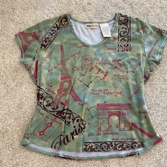 Y2k Paris Graphic Green & Pink Soft French Boho Chic Top 100% Cotton - Picture 3 of 7